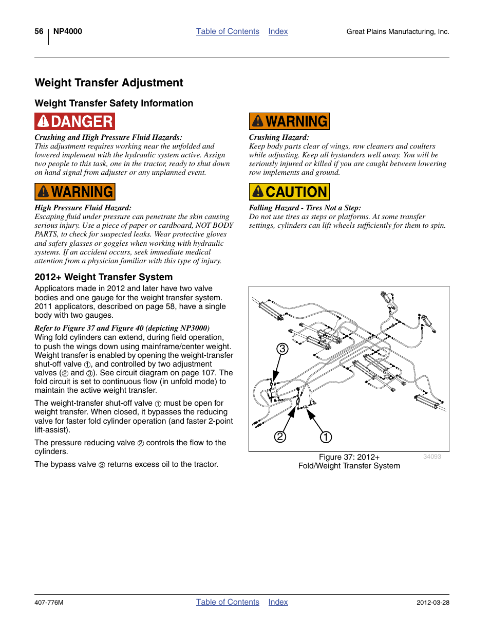 Weight transfer adjustment, Weight transfer safety information, 2012+ weight transfer system | Great Plains NP4000 40-foot Operator Manual User Manual | Page 60 / 134