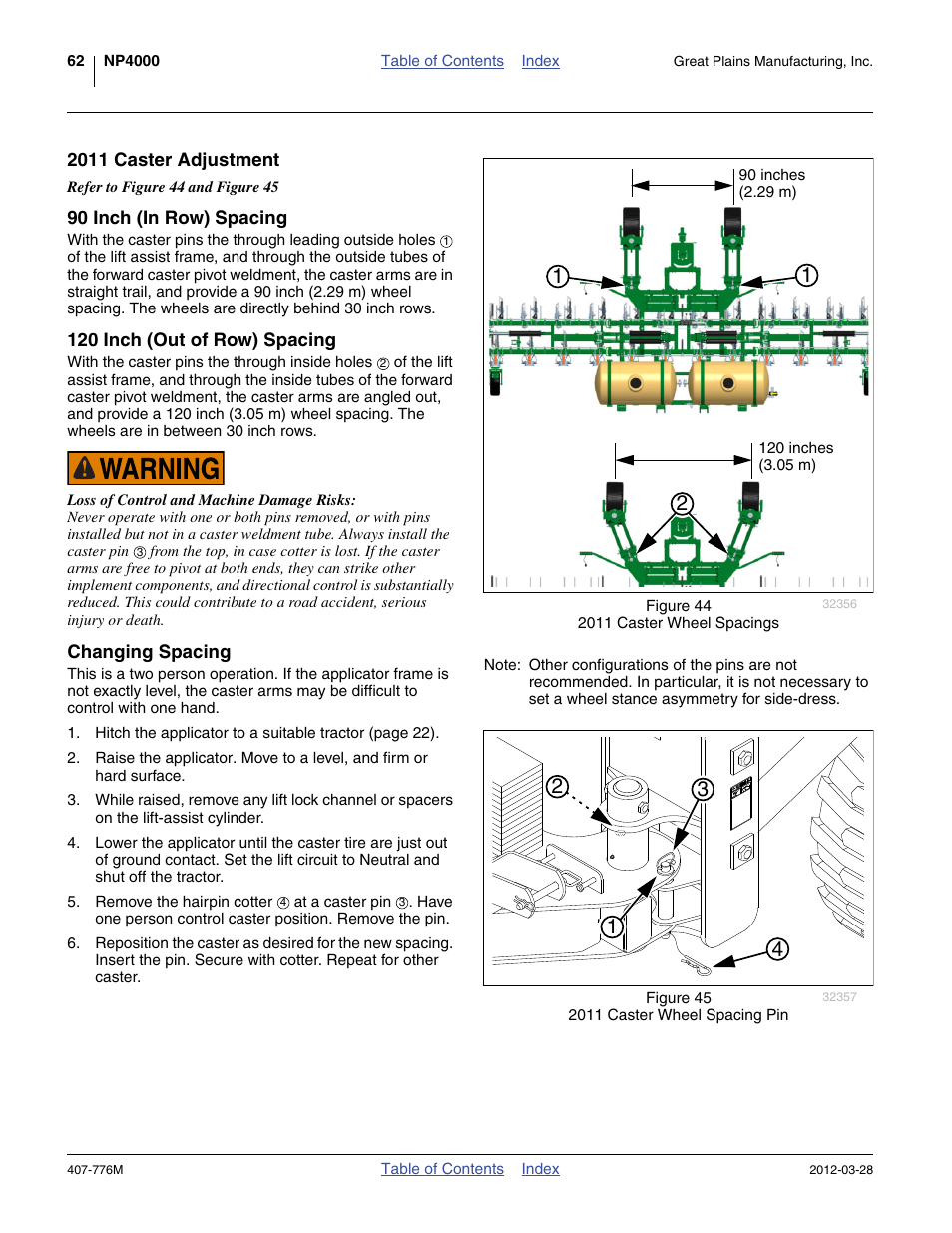 2011 caster adjustment, 90 inch (in row) spacing, 120 inch (out of row) spacing | Changing spacing | Great Plains NP4000 40-foot Operator Manual User Manual | Page 66 / 134