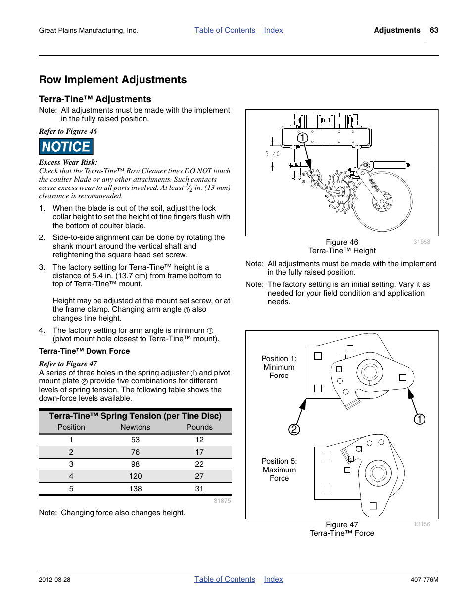 Row implement adjustments, Terra-tine™ adjustments, Terra-tine™ down force | Great Plains NP4000 40-foot Operator Manual User Manual | Page 67 / 134