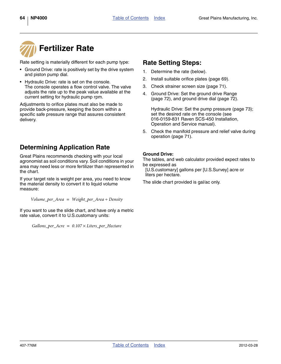 Fertilizer rate, Rate setting steps, Determining application rate | Ground drive | Great Plains NP4000 40-foot Operator Manual User Manual | Page 68 / 134