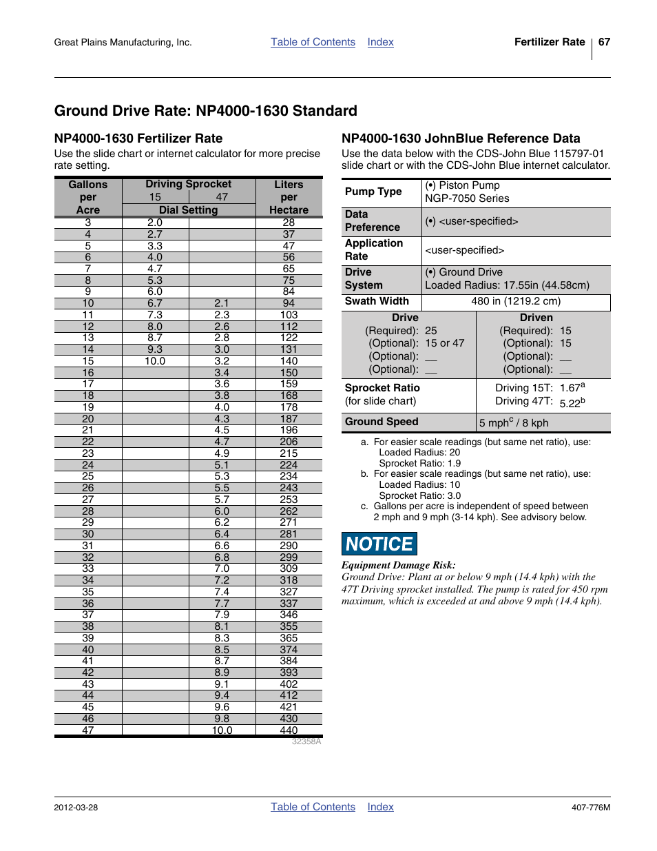 Ground drive rate: np4000-1630 standard, Np4000-1630 fertilizer rate, Np4000-1630 johnblue reference data | Great Plains NP4000 40-foot Operator Manual User Manual | Page 71 / 134