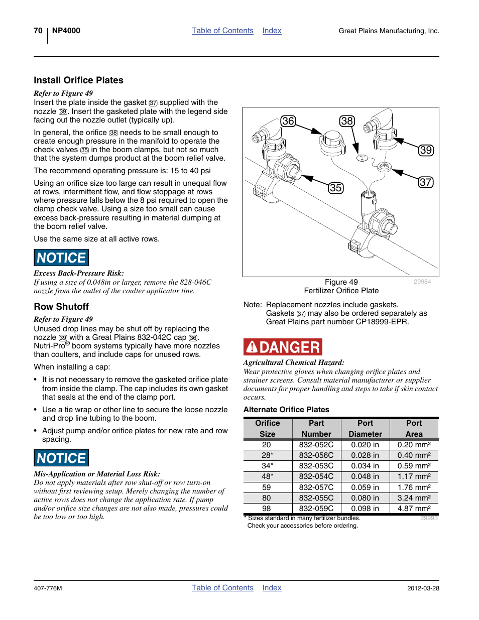 Install orifice plates, Alternate orifice plates, Row shutoff | Great Plains NP4000 40-foot Operator Manual User Manual | Page 74 / 134