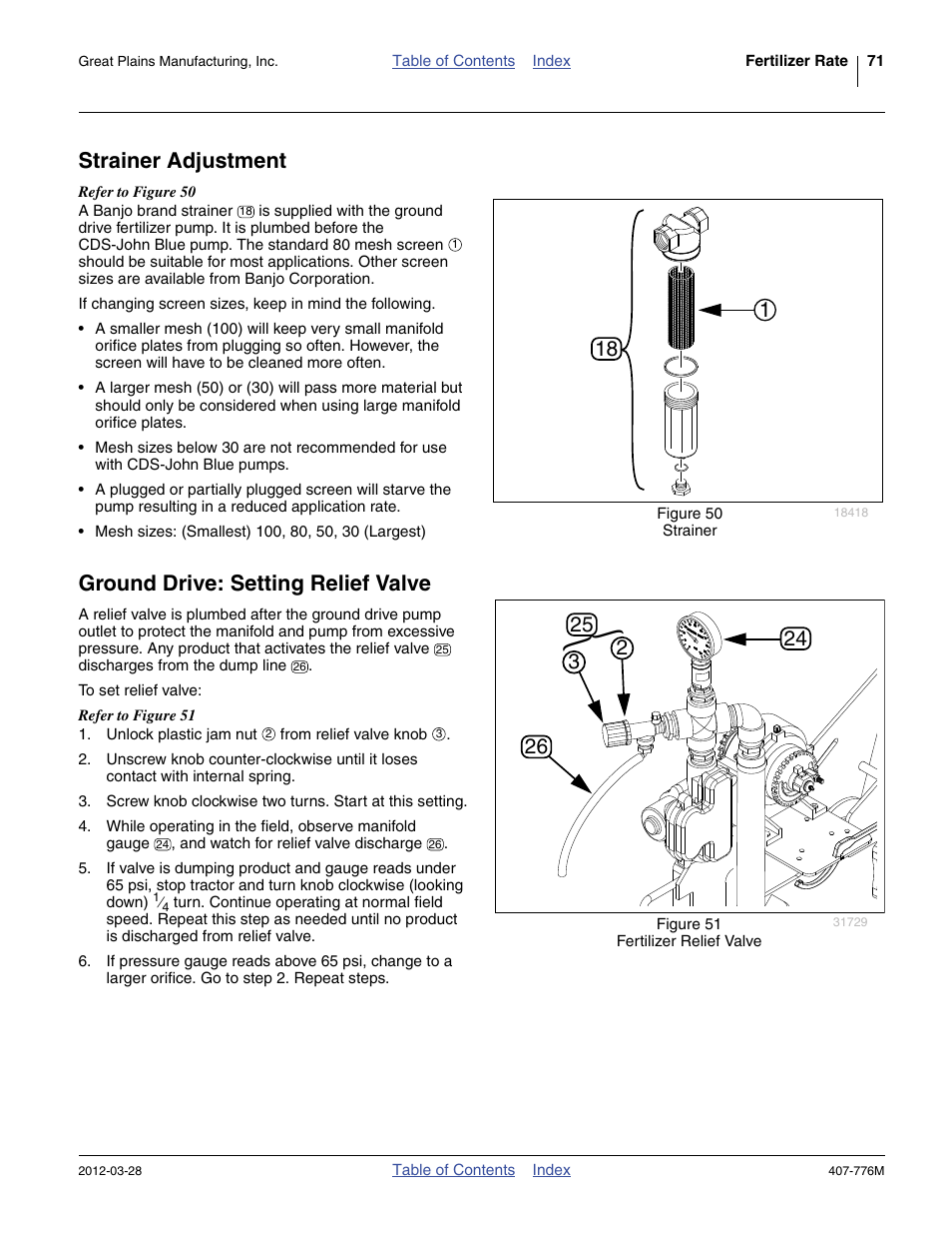 Strainer adjustment, Ground drive: setting relief valve | Great Plains NP4000 40-foot Operator Manual User Manual | Page 75 / 134