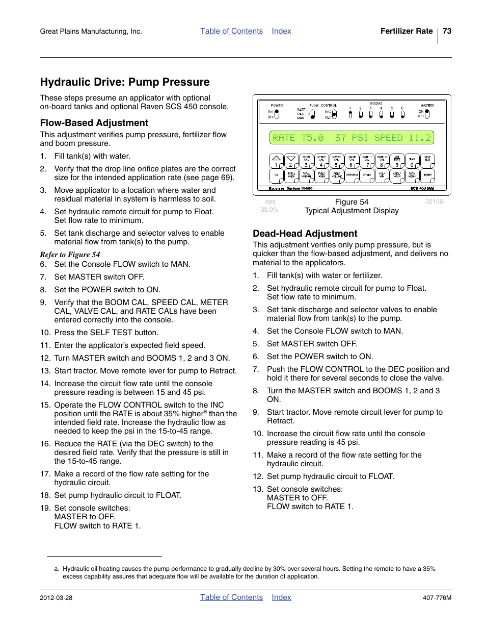 Hydraulic drive: pump pressure, Flow-based adjustment, Dead-head adjustment | Flow-based adjustment dead-head adjustment | Great Plains NP4000 40-foot Operator Manual User Manual | Page 77 / 134