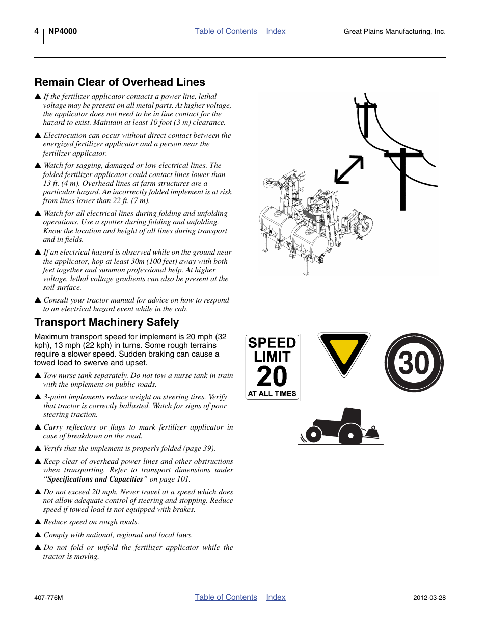 Remain clear of overhead lines, Transport machinery safely | Great Plains NP4000 40-foot Operator Manual User Manual | Page 8 / 134