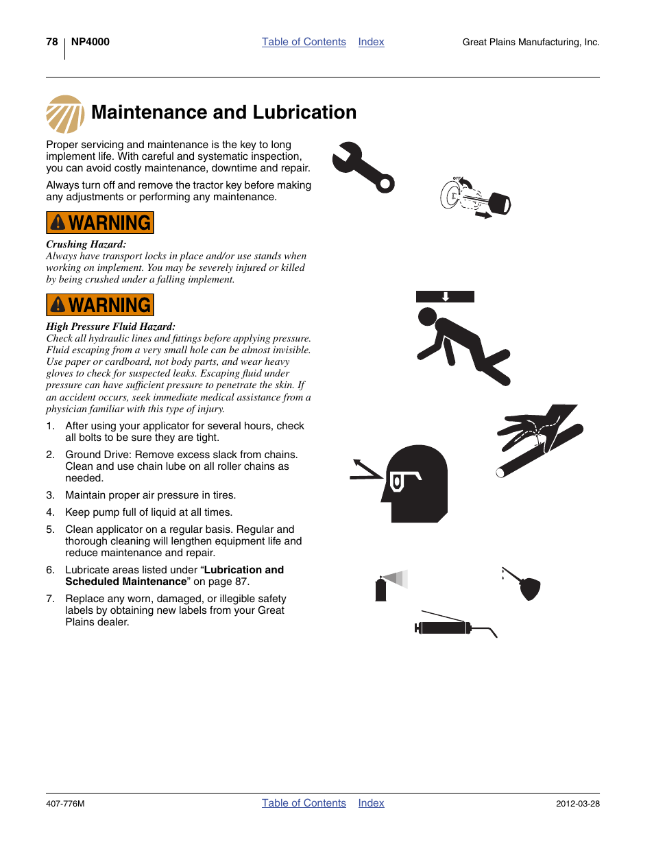 Maintenance and lubrication | Great Plains NP4000 40-foot Operator Manual User Manual | Page 82 / 134