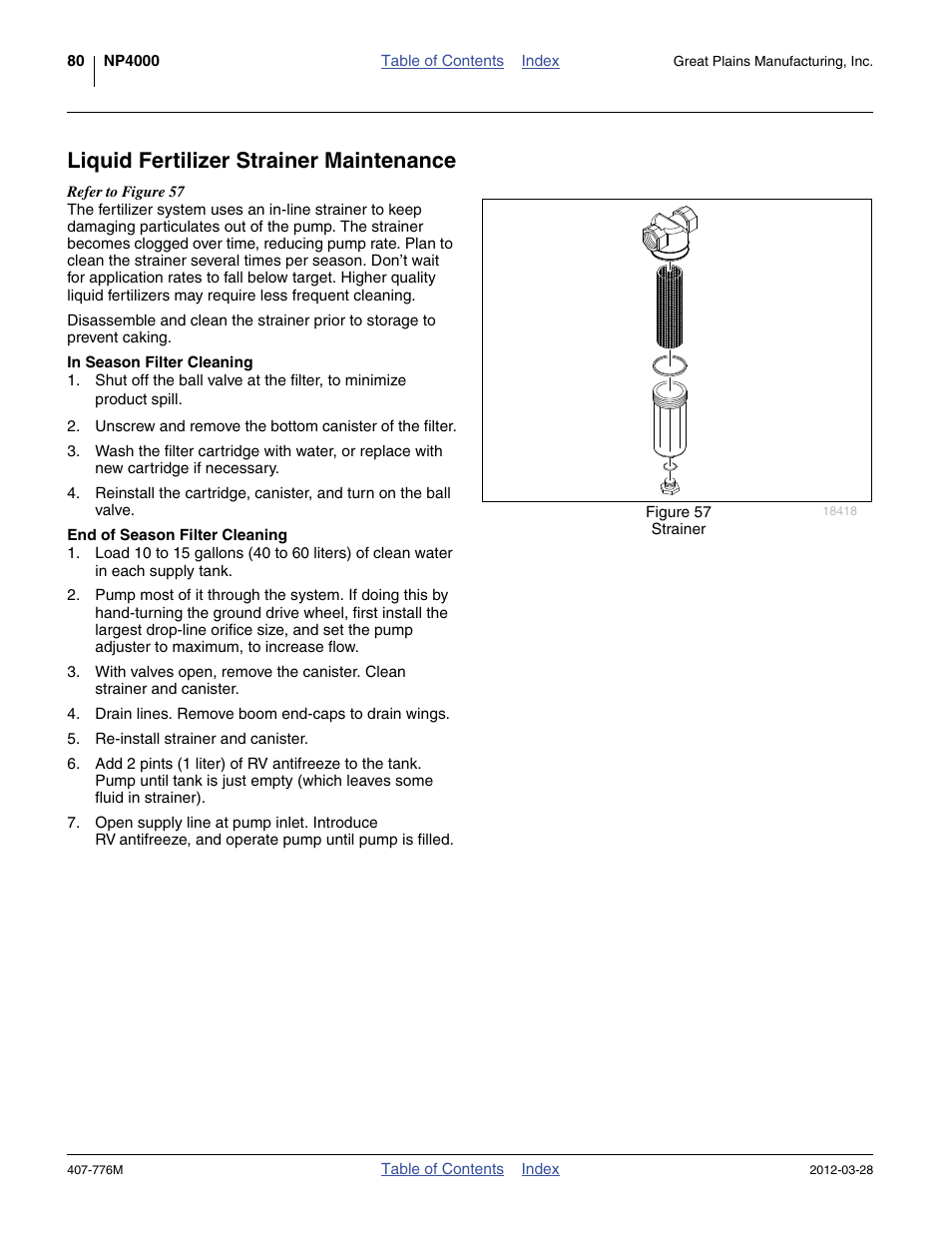 Liquid fertilizer strainer maintenance, In season filter cleaning, End of season filter cleaning | Great Plains NP4000 40-foot Operator Manual User Manual | Page 84 / 134