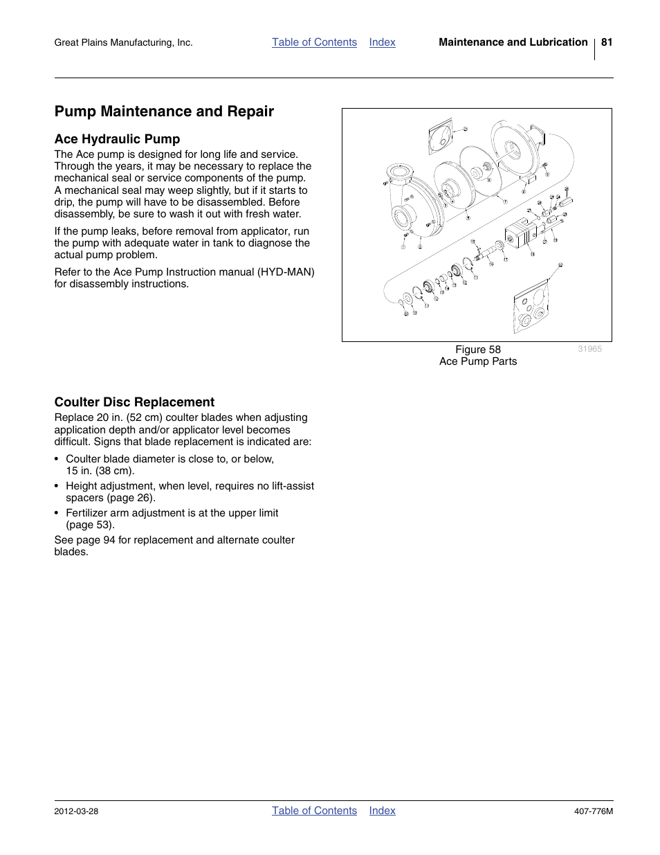 Pump maintenance and repair, Ace hydraulic pump, Coulter disc replacement | Ace hydraulic pump coulter disc replacement | Great Plains NP4000 40-foot Operator Manual User Manual | Page 85 / 134