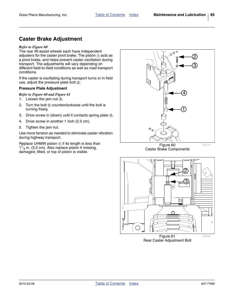 Caster brake adjustment, Pressure plate adjustment | Great Plains NP4000 40-foot Operator Manual User Manual | Page 89 / 134
