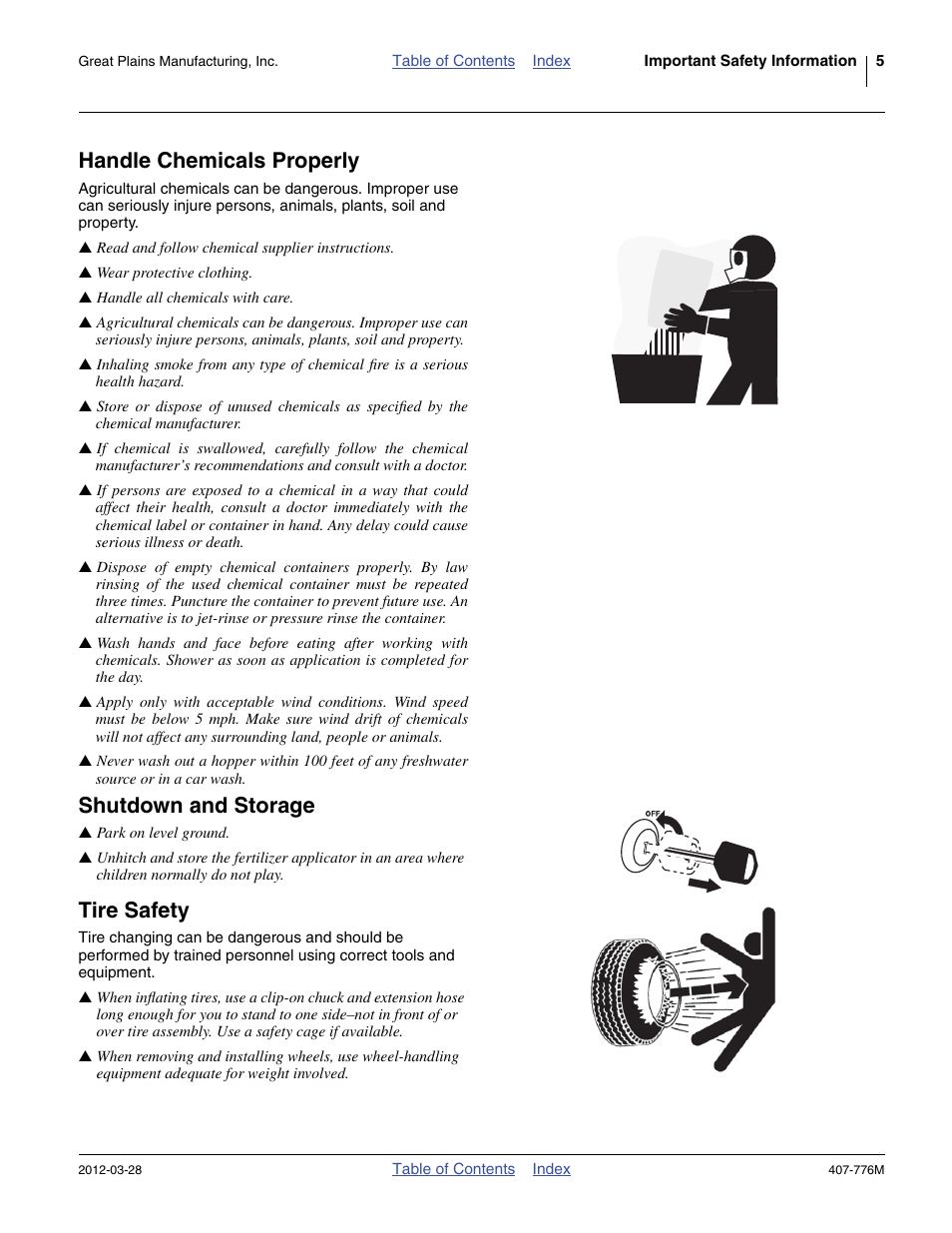 Handle chemicals properly, Shutdown and storage, Tire safety | Great Plains NP4000 40-foot Operator Manual User Manual | Page 9 / 134