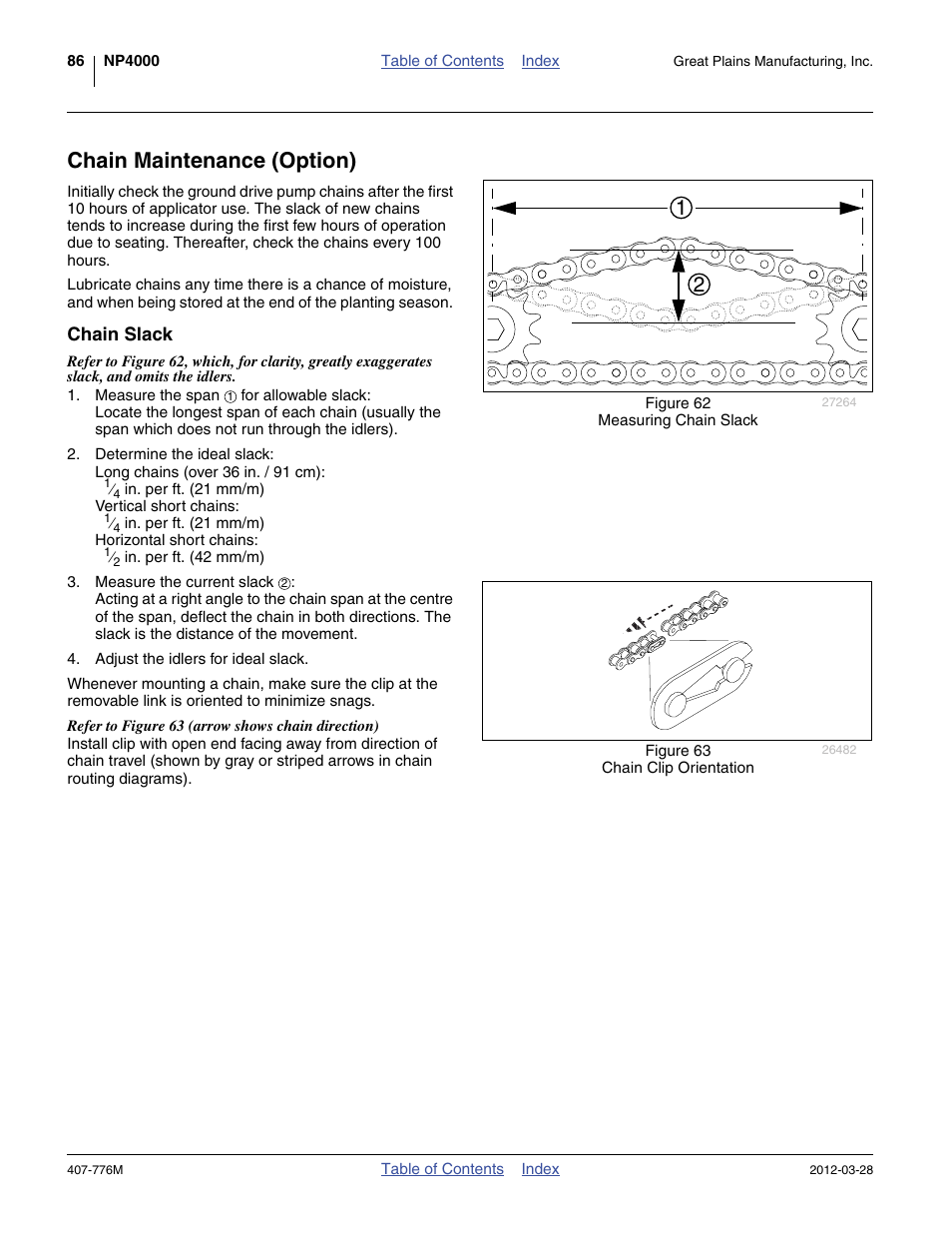Chain maintenance (option), Chain slack | Great Plains NP4000 40-foot Operator Manual User Manual | Page 90 / 134