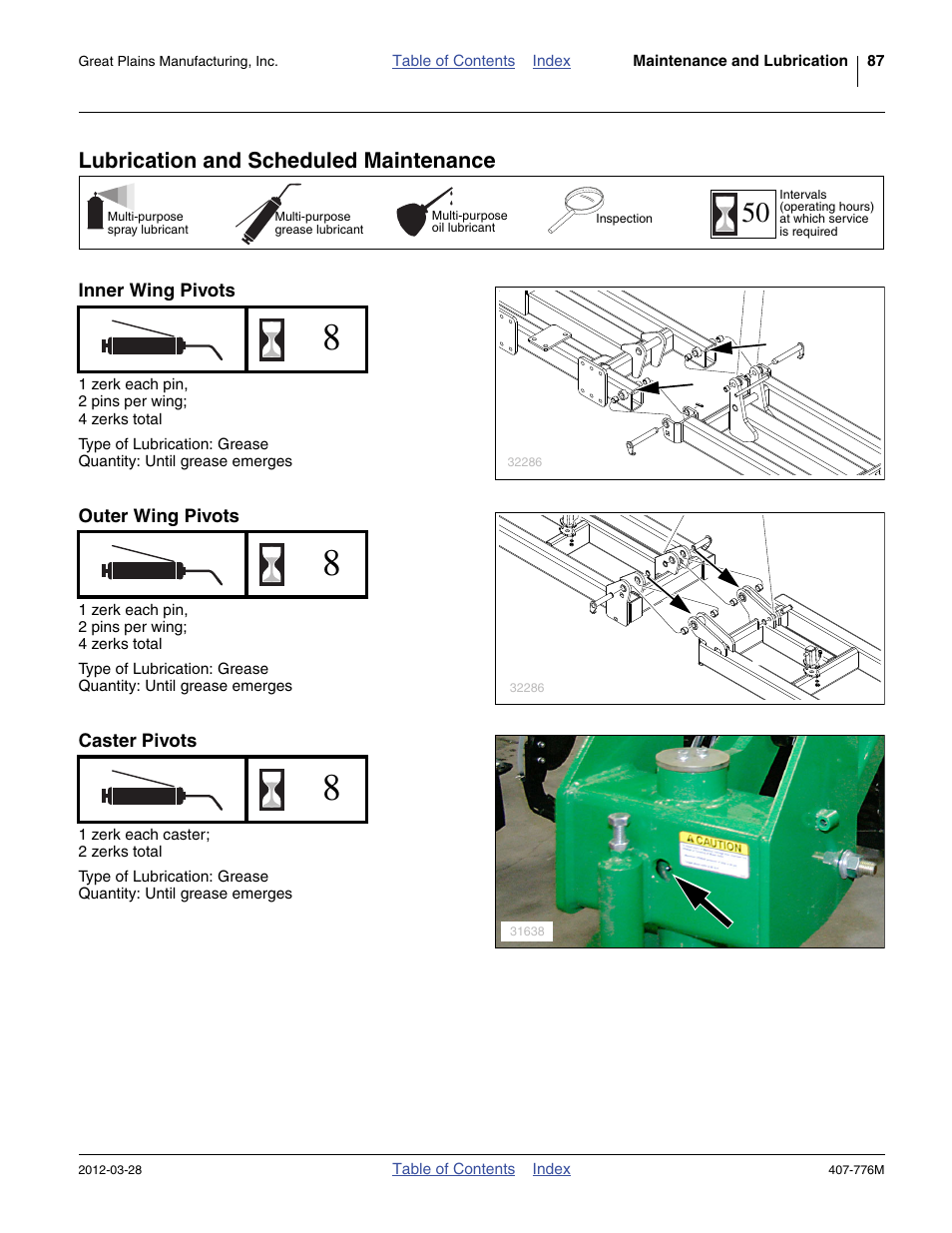 Lubrication and scheduled maintenance, Inner wing pivots, Outer wing pivots | Caster pivots | Great Plains NP4000 40-foot Operator Manual User Manual | Page 91 / 134