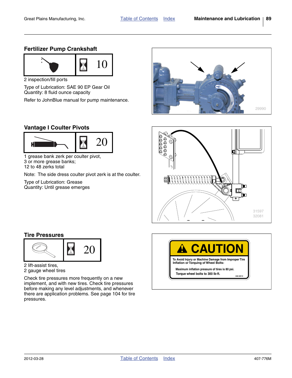 Fertilizer pump crankshaft, Vantage i coulter pivots, Tire pressures | Caution | Great Plains NP4000 40-foot Operator Manual User Manual | Page 93 / 134