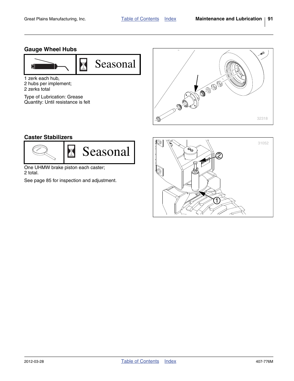 Gauge wheel hubs, Caster stabilizers, Seasonal | Great Plains NP4000 40-foot Operator Manual User Manual | Page 95 / 134