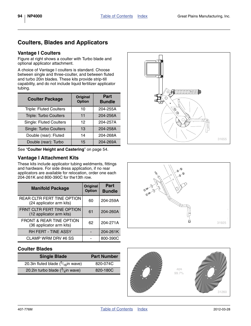 Coulters, blades and applicators, Vantage i coulters, Vantage i attachment kits | Coulter blades | Great Plains NP4000 40-foot Operator Manual User Manual | Page 98 / 134