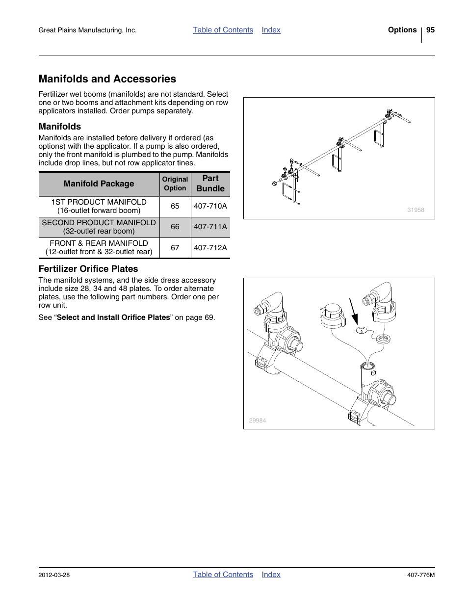 Manifolds and accessories, Manifolds, Fertilizer orifice plates | Great Plains NP4000 40-foot Operator Manual User Manual | Page 99 / 134