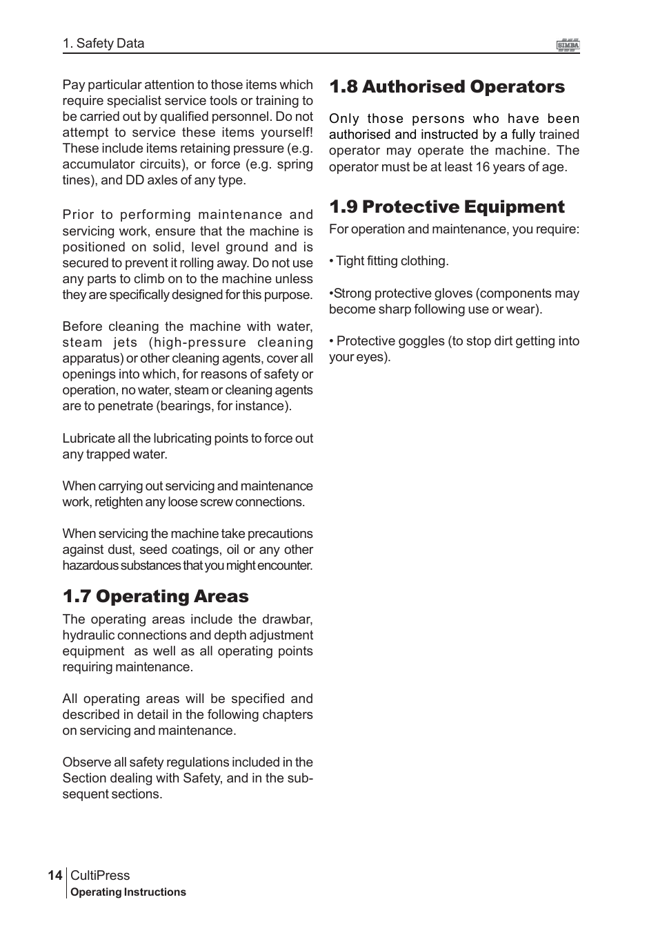 7 operating areas, 8 authorised operators, 9 protective equipment | Great Plains P13114 2009 Operator Manual User Manual | Page 14 / 36