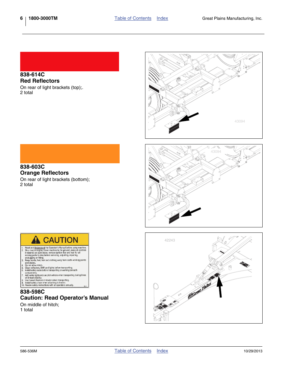 614c red reflectors, 603c orange reflectors, 598c caution: read operator’s manual | Great Plains 3000TM Operator Manual User Manual | Page 10 / 44