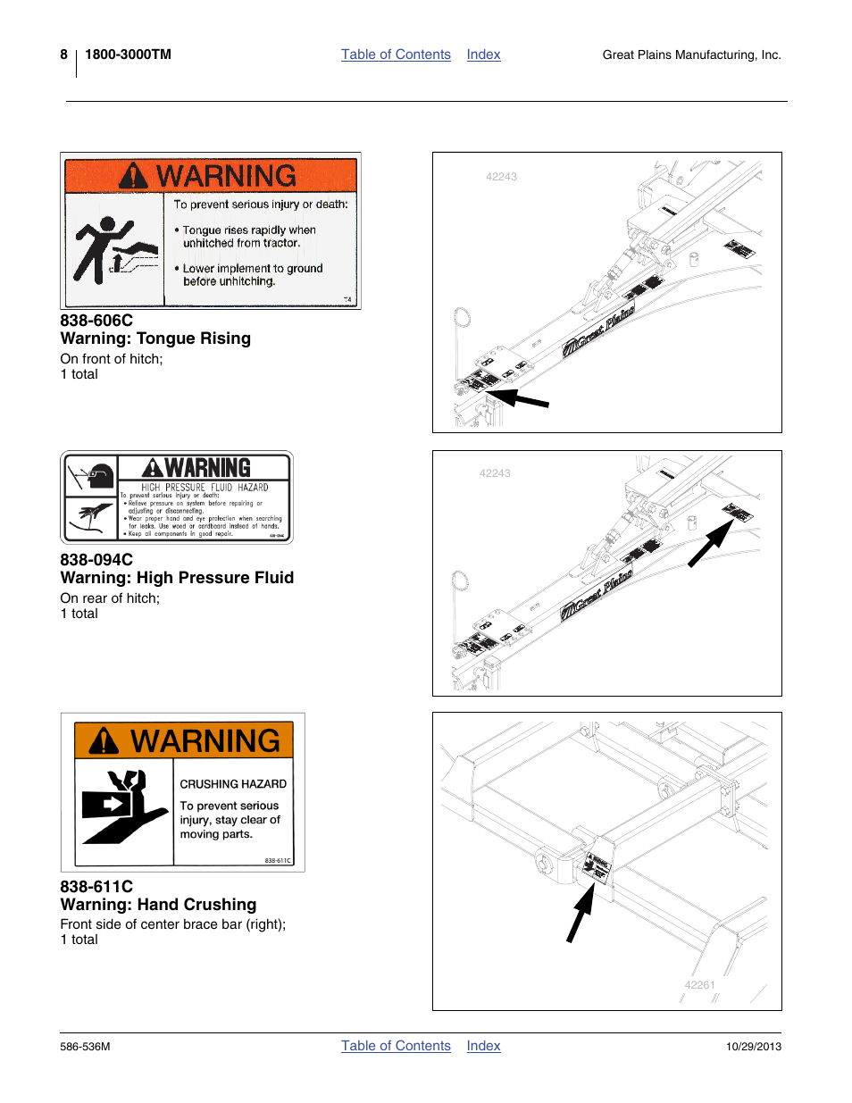 606c warning: tongue rising, 094c warning: high pressure fluid, 611c warning: hand crushing | Great Plains 3000TM Operator Manual User Manual | Page 12 / 44