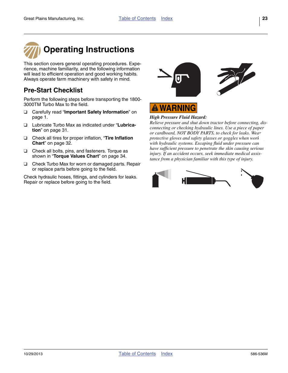 Operating instructions, Pre-start checklist, Operating instructions pre-start checklist | Great Plains 3000TM Operator Manual User Manual | Page 27 / 44