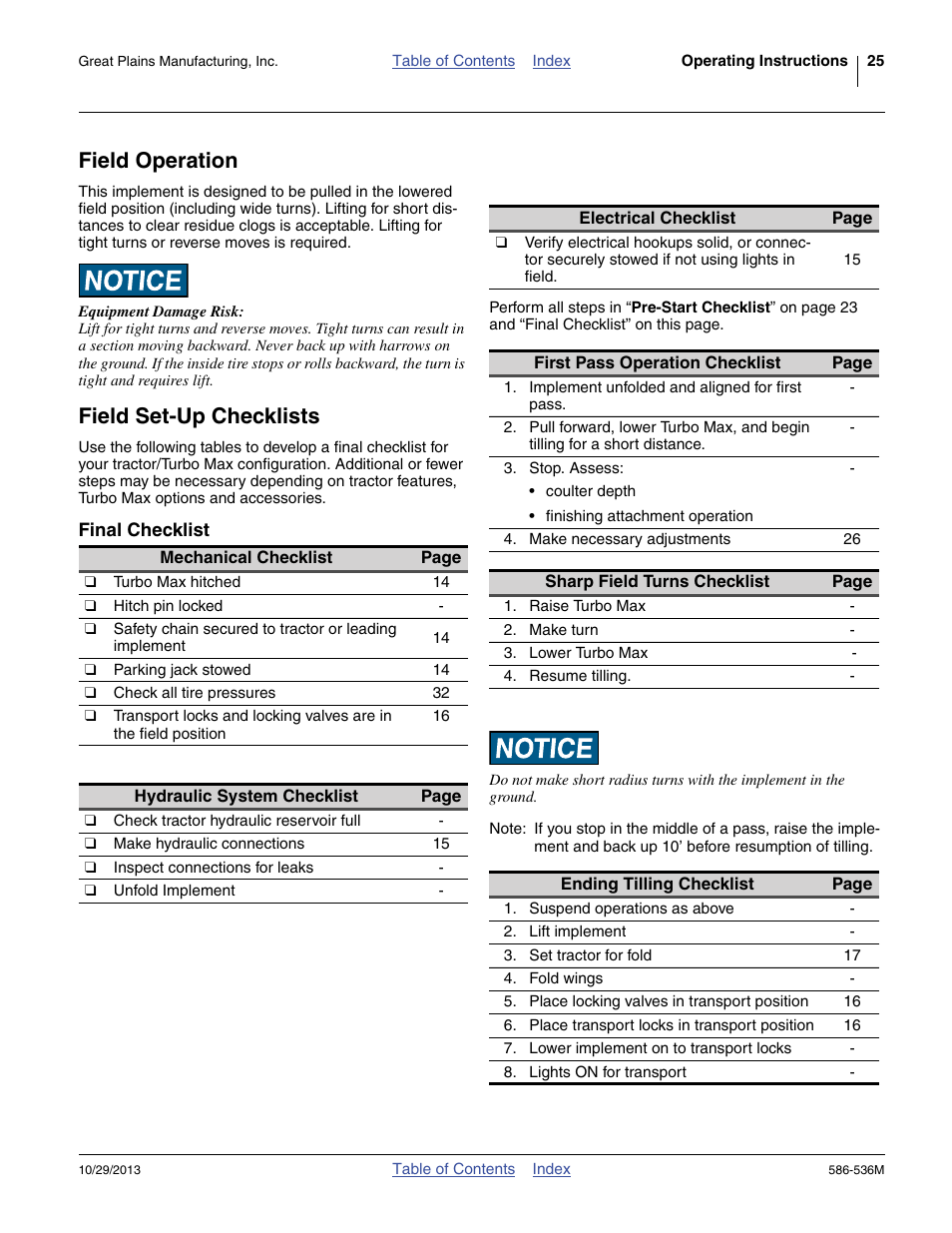 Field operation, Field set-up checklists, Final checklist | Field operation field set-up checklists | Great Plains 3000TM Operator Manual User Manual | Page 29 / 44