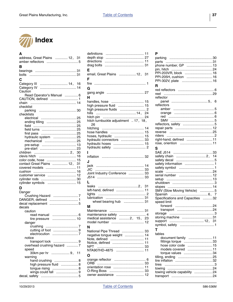 Index | Great Plains 3000TM Operator Manual User Manual | Page 41 / 44