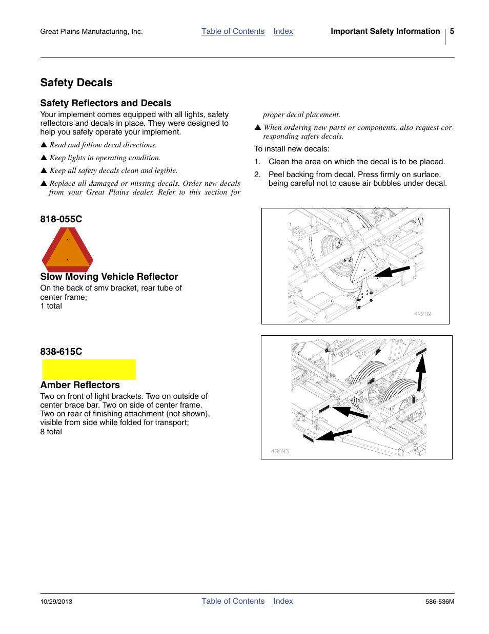 Safety decals, Safety reflectors and decals, 055c slow moving vehicle reflector | 615c amber reflectors | Great Plains 3000TM Operator Manual User Manual | Page 9 / 44
