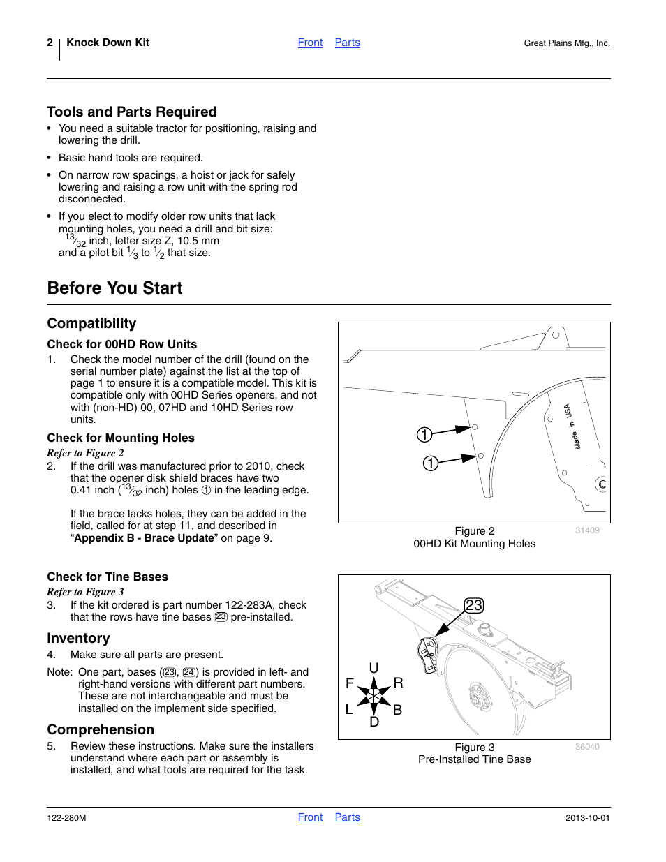 Tools and parts required, Before you start, Compatibility | Check for 00hd row units, Check for mounting holes, Check for tine bases, Inventory, Comprehension | Great Plains CTA4000HD Assembly Instructions User Manual | Page 2 / 10