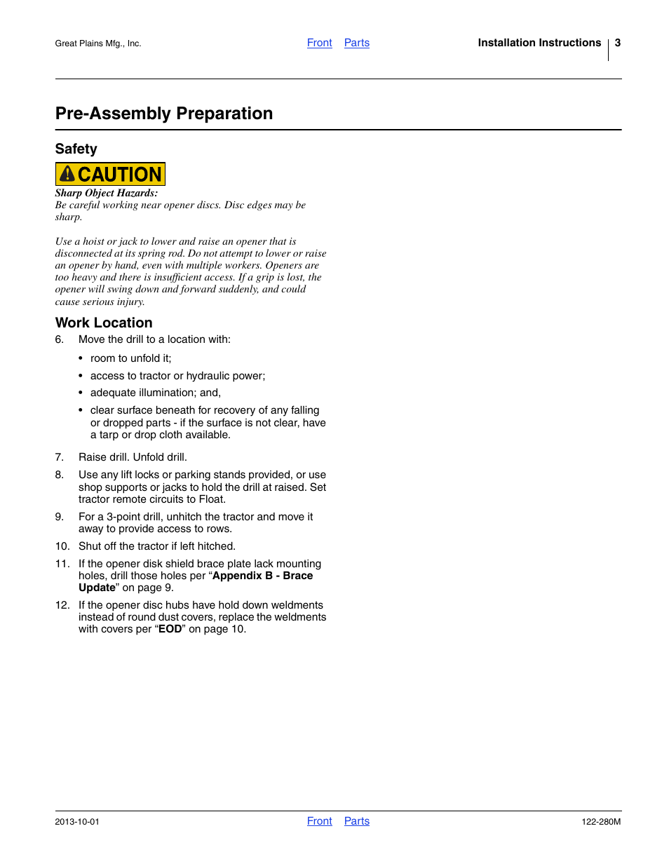 Pre-assembly preparation, Safety, Work location | Or at step 11, and descr | Great Plains CTA4000HD Assembly Instructions User Manual | Page 3 / 10