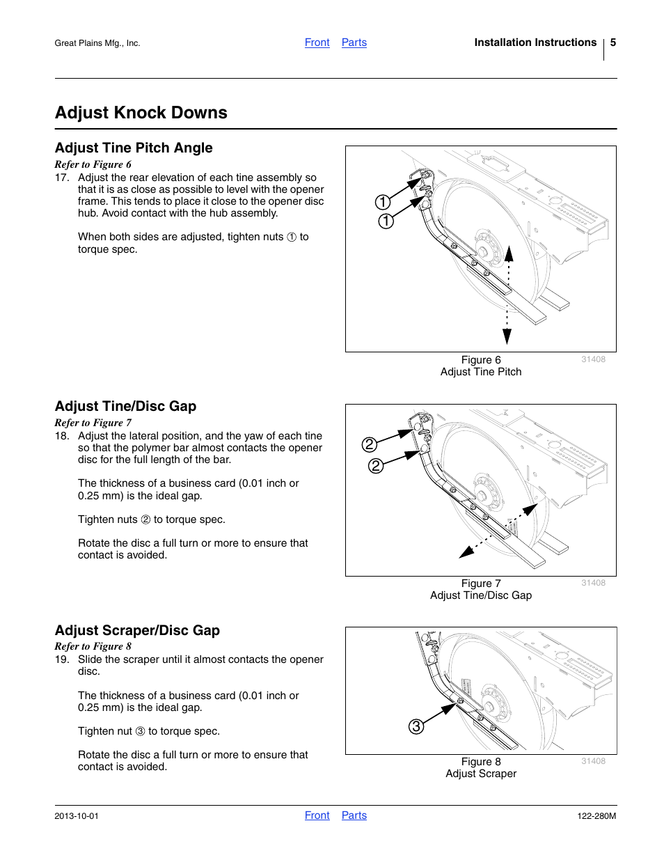 Adjust knock downs, Adjust tine pitch angle, Adjust tine/disc gap | Adjust scraper/disc gap, Front parts installation instructions 5, Front parts, Figure 6 adjust tine pitch, Figure 7 adjust tine/disc gap, Figure 8 adjust scraper | Great Plains CTA4000HD Assembly Instructions User Manual | Page 5 / 10