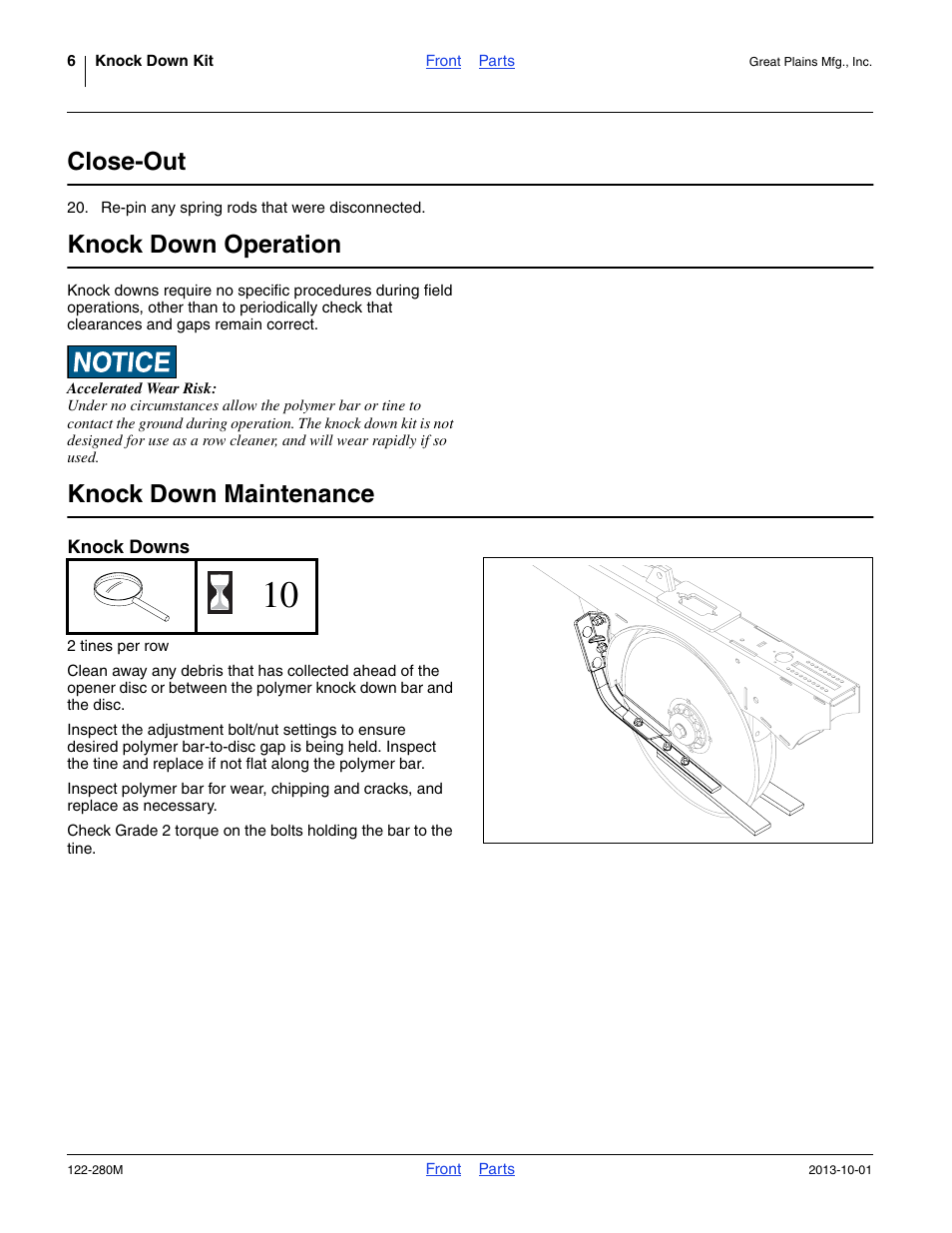 Close-out, Knock down operation, Knock down maintenance | Great Plains CTA4000HD Assembly Instructions User Manual | Page 6 / 10