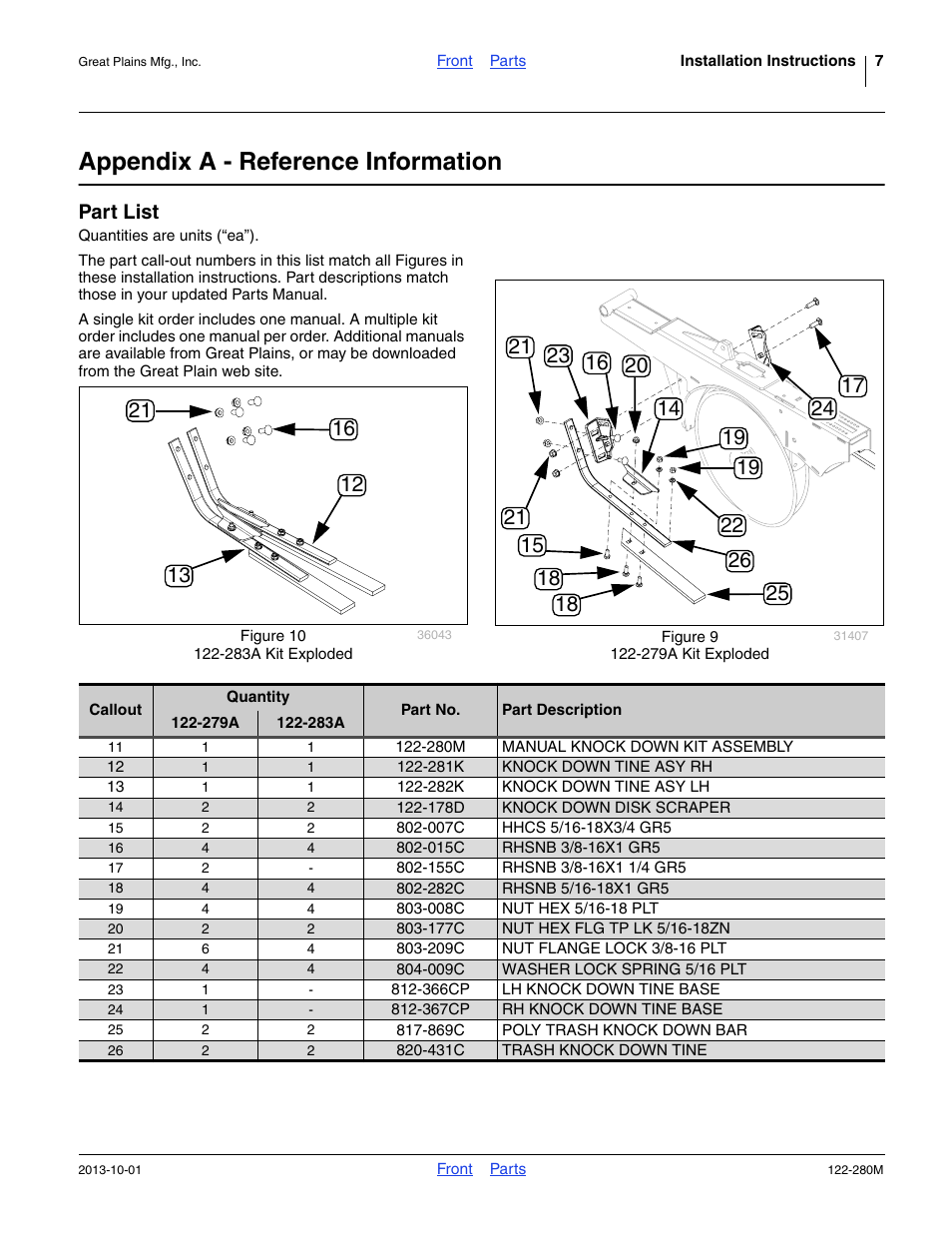 Appendix a - reference information, Part list, Parts | Ange 11 to 26, Pre-installed, Is pro, 366cp lh knock down tine base, 367cp rh knock down tine base, 155c rhsnb 3/8-16x1 1/4 gr5, 209c nut flange lock 3/8-16 plt | Great Plains CTA4000HD Assembly Instructions User Manual | Page 7 / 10