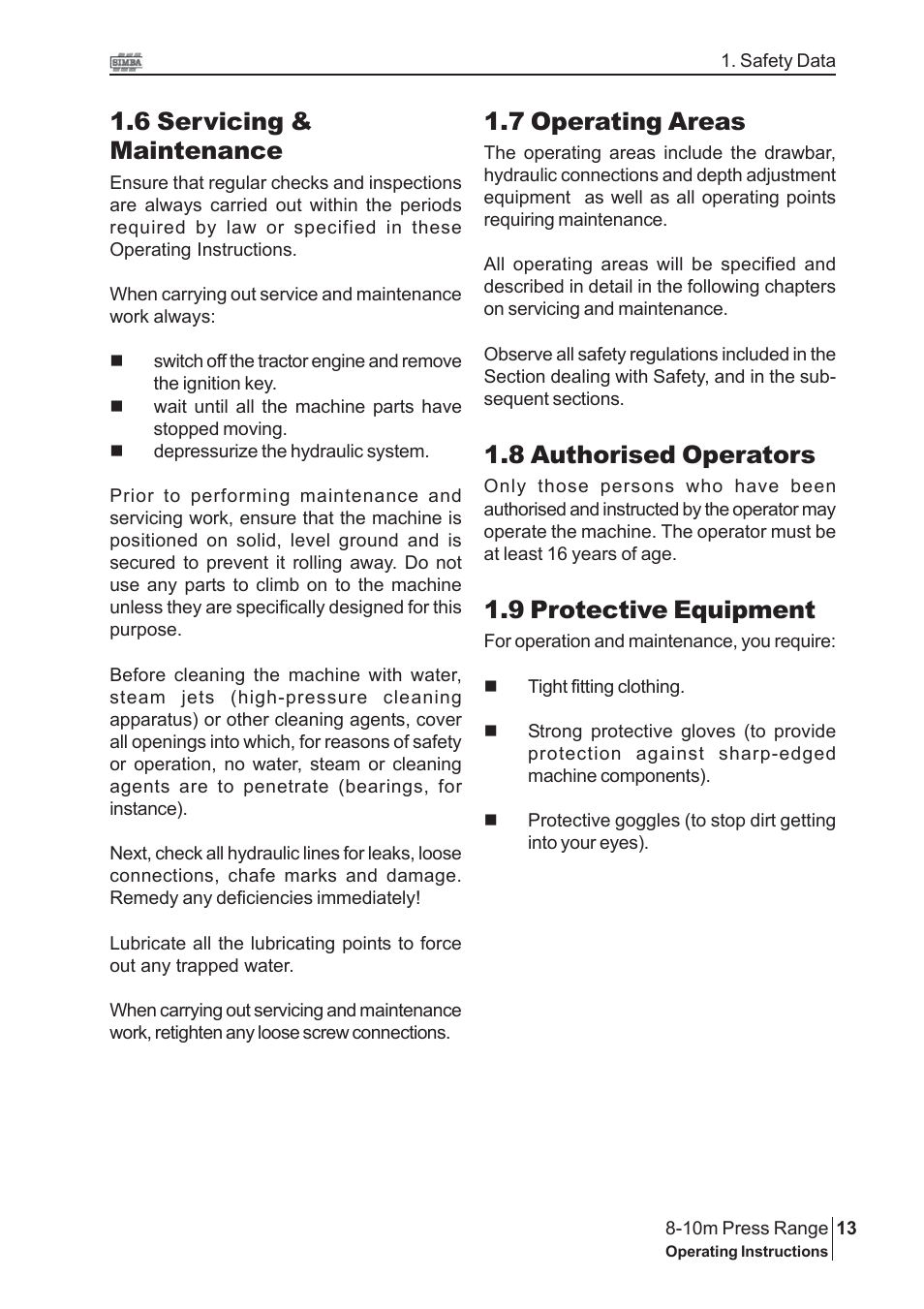 6 servicing & maintenance, 7 operating areas, 8 authorised operators | 9 protective equipment | Great Plains 8-10m Press Range SN 12653-12671 Operator Manual User Manual | Page 13 / 44