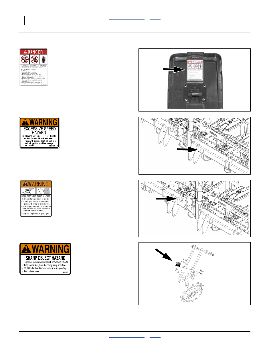 323c danger: possible chemical hazard, 337c warning: speed, 339c warning: high pressure fluid hazard | 525c warning: sharp object (option) | Great Plains YP825A3P Operator Manual User Manual | Page 12 / 128