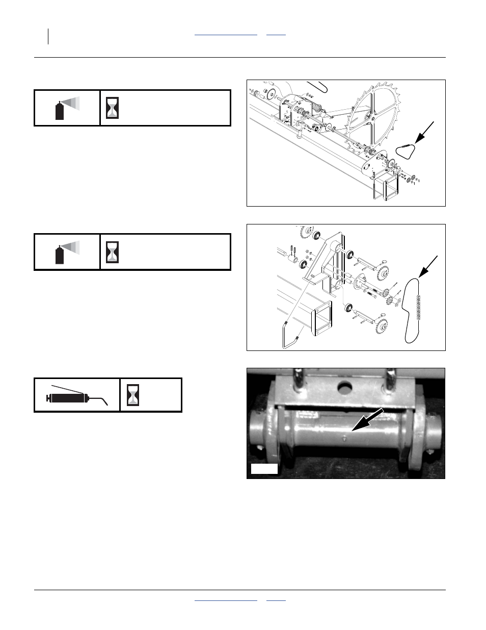 Chain: range drive, Chain: transmission drive, Gauge wheel module forward pivot | As required | Great Plains YP825A3P Operator Manual User Manual | Page 90 / 128