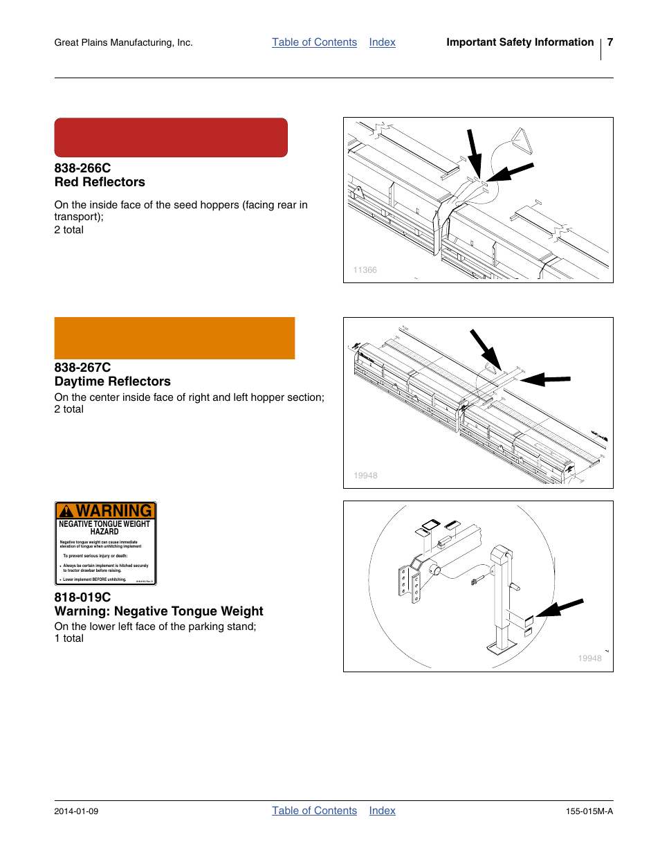 Warning, 266c red reflectors, 267c daytime reflectors | 019c warning: negative tongue weight | Great Plains 2SF30 Operator Manual User Manual | Page 11 / 90