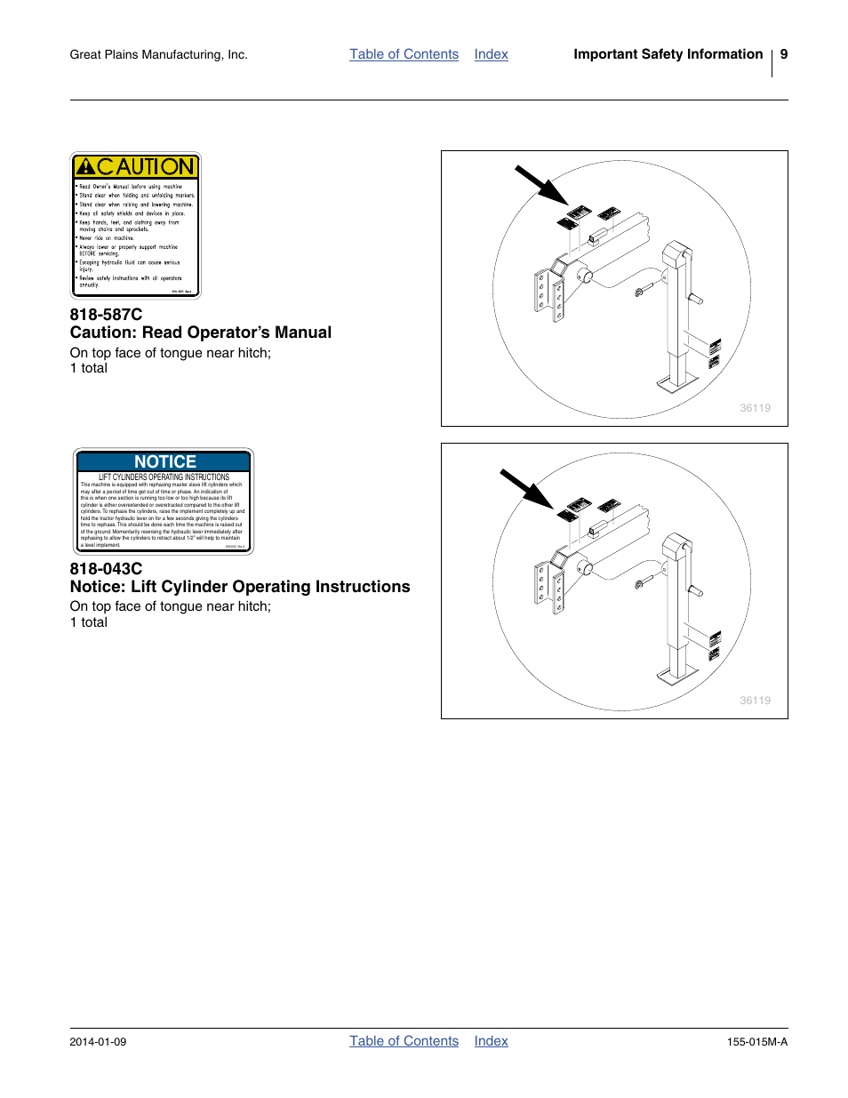 Notice, 587c caution: read operator’s manual, 043c notice: lift cylinder operating instructions | Great Plains 2SF30 Operator Manual User Manual | Page 13 / 90