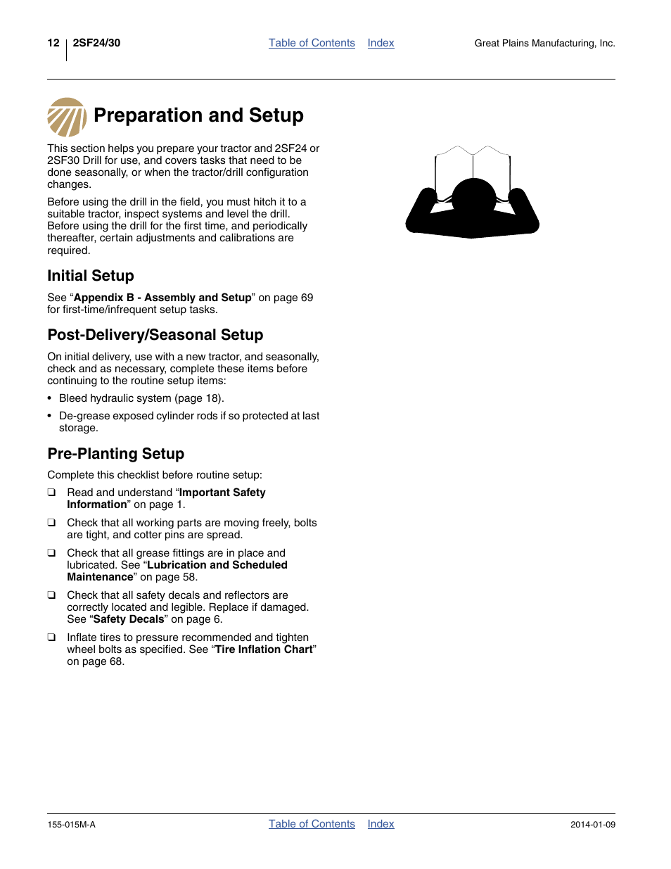 Preparation and setup, Initial setup, Post-delivery/seasonal setup | Pre-planting setup | Great Plains 2SF30 Operator Manual User Manual | Page 16 / 90