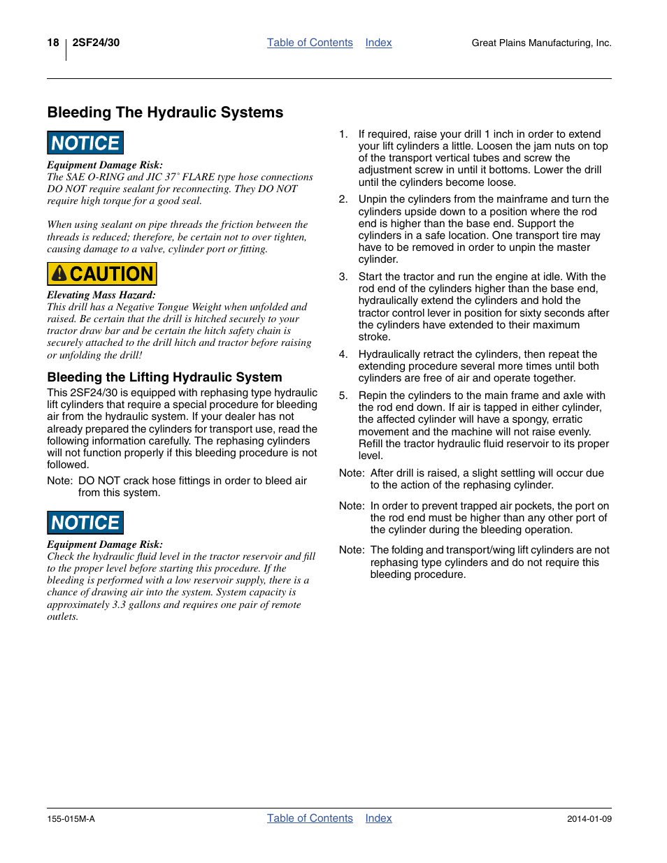 Bleeding the hydraulic systems, Bleeding the lifting hydraulic system | Great Plains 2SF30 Operator Manual User Manual | Page 22 / 90