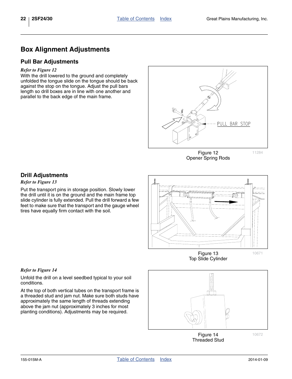 Box alignment adjustments, Pull bar adjustments, Drill adjustments | Pull bar adjustments drill adjustments | Great Plains 2SF30 Operator Manual User Manual | Page 26 / 90
