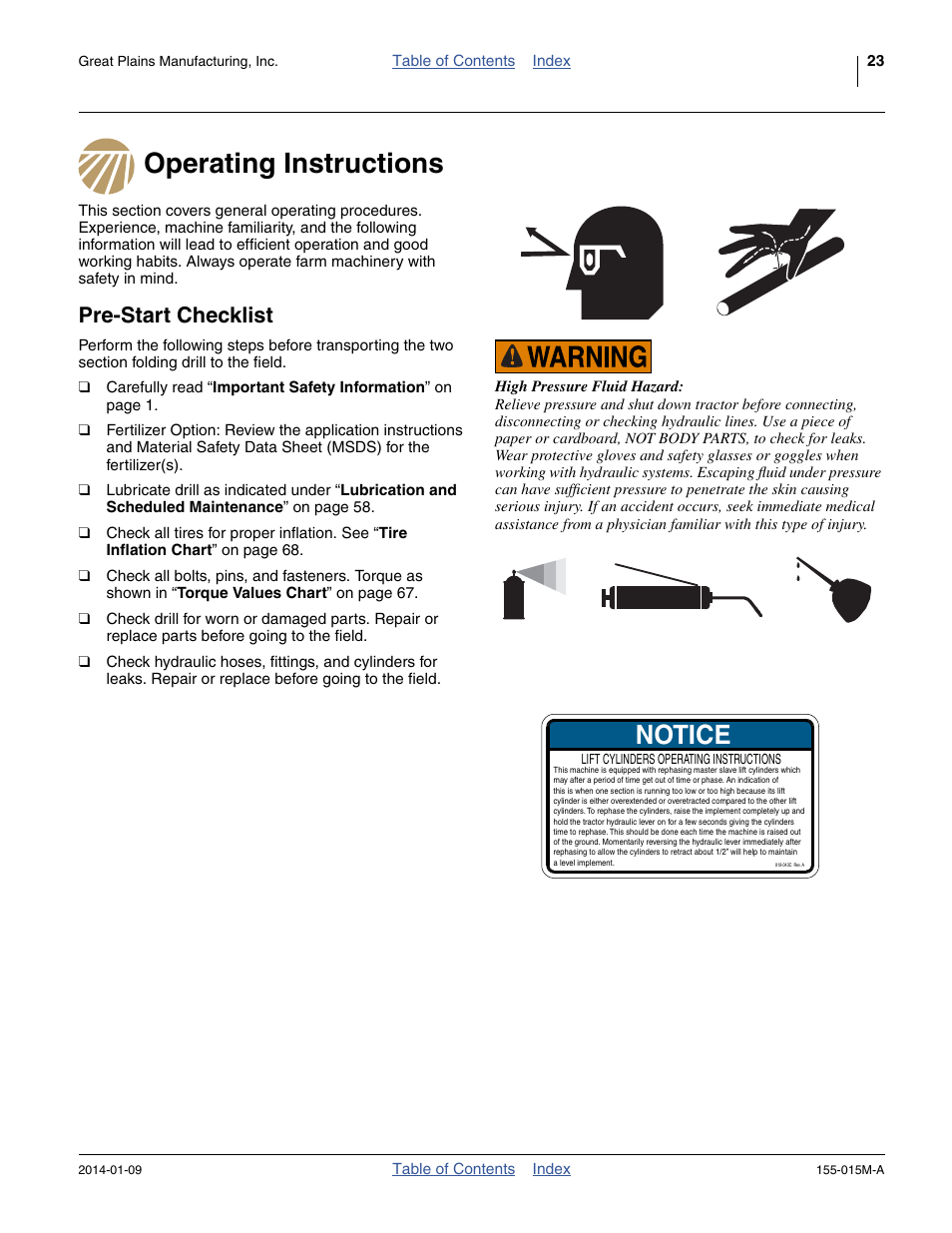 Operating instructions, Pre-start checklist, Operating instructions pre-start checklist | Notice | Great Plains 2SF30 Operator Manual User Manual | Page 27 / 90