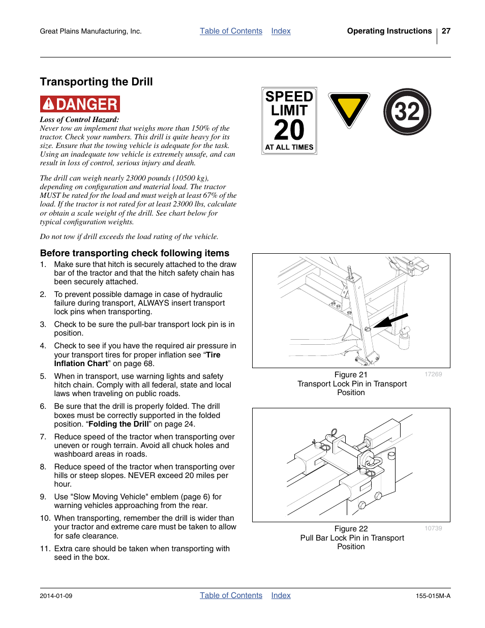 Transporting the drill, Before transporting check following items | Great Plains 2SF30 Operator Manual User Manual | Page 31 / 90