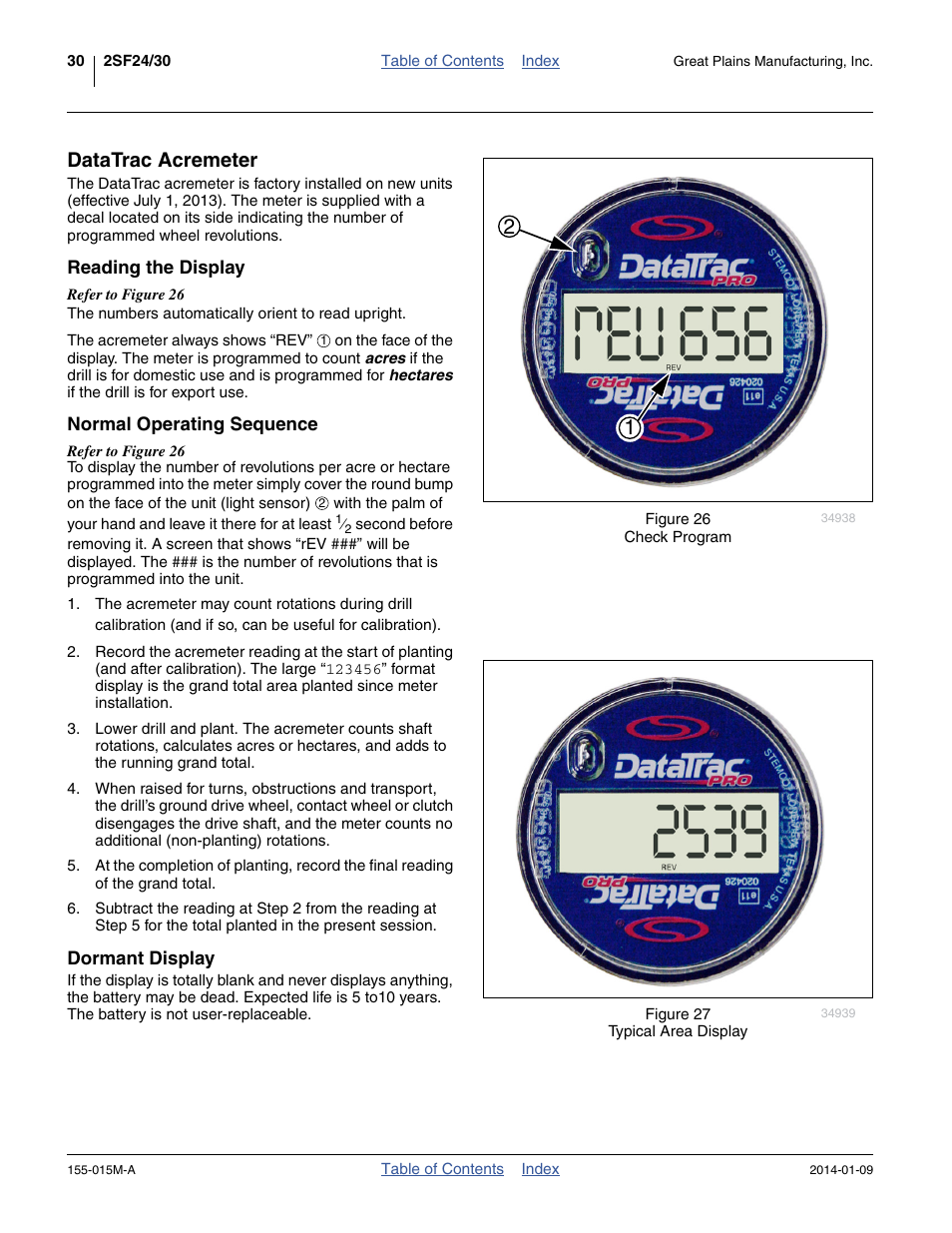 Datatrac acremeter, Reading the display, Normal operating sequence | Dormant display | Great Plains 2SF30 Operator Manual User Manual | Page 34 / 90