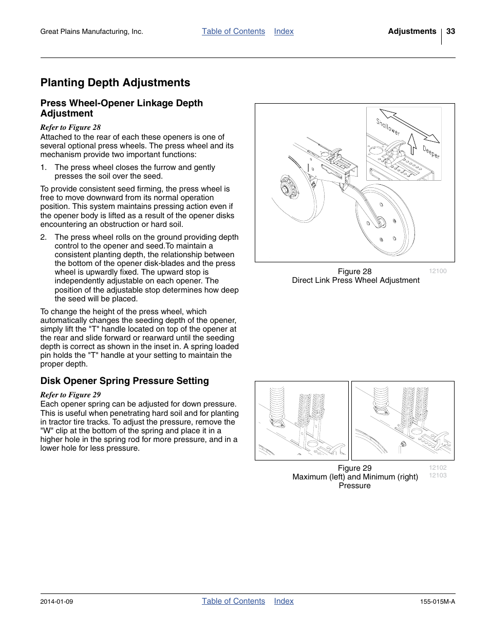 Planting depth adjustments, Press wheel-opener linkage depth adjustment, Disk opener spring pressure setting | Great Plains 2SF30 Operator Manual User Manual | Page 37 / 90