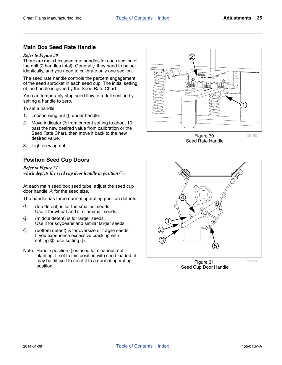 Main box seed rate handle, Position seed cup doors, Main box seed rate handle position seed cup doors | Great Plains 2SF30 Operator Manual User Manual | Page 39 / 90