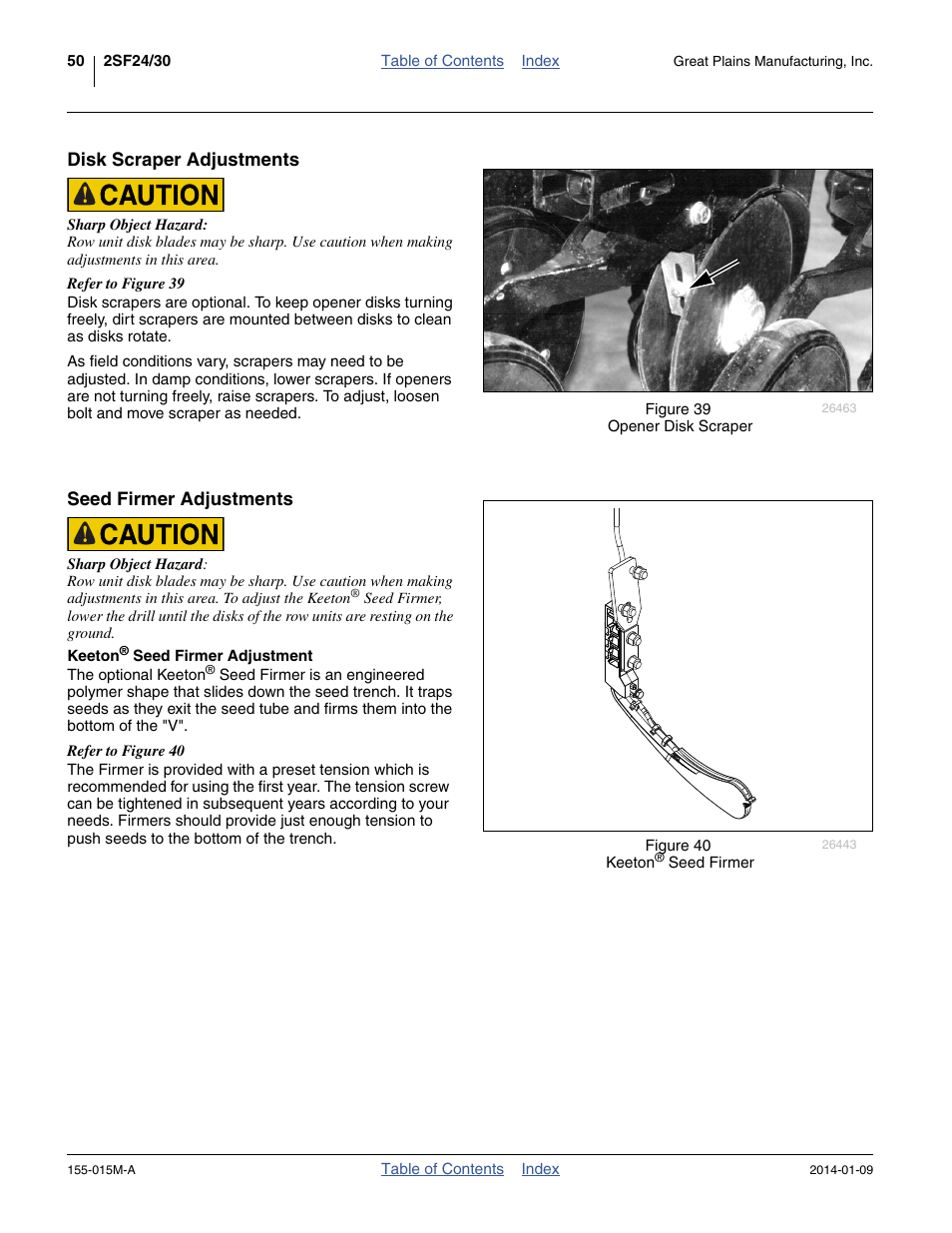 Disk scraper adjustments, Seed firmer adjustments, Keeton® seed firmer adjustment | Disk scraper adjustments seed firmer adjustments | Great Plains 2SF30 Operator Manual User Manual | Page 54 / 90