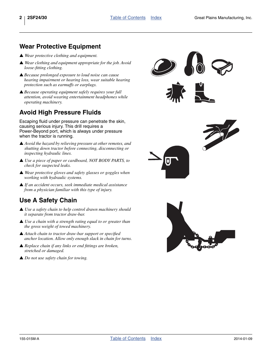 Wear protective equipment, Avoid high pressure fluids, Use a safety chain | Great Plains 2SF30 Operator Manual User Manual | Page 6 / 90