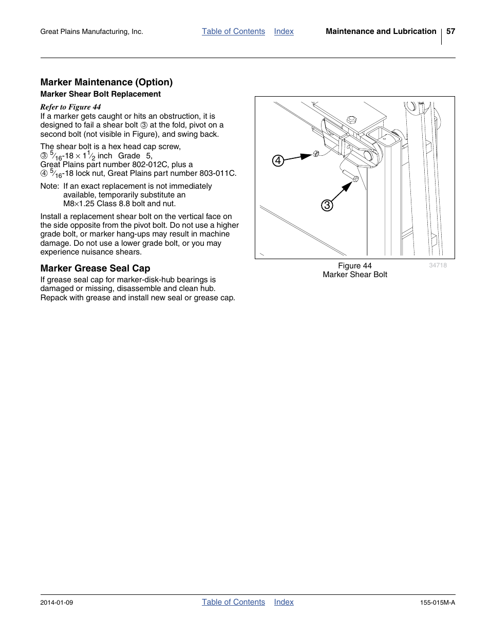 Marker maintenance (option), Marker shear bolt replacement, Marker grease seal cap | Great Plains 2SF30 Operator Manual User Manual | Page 61 / 90