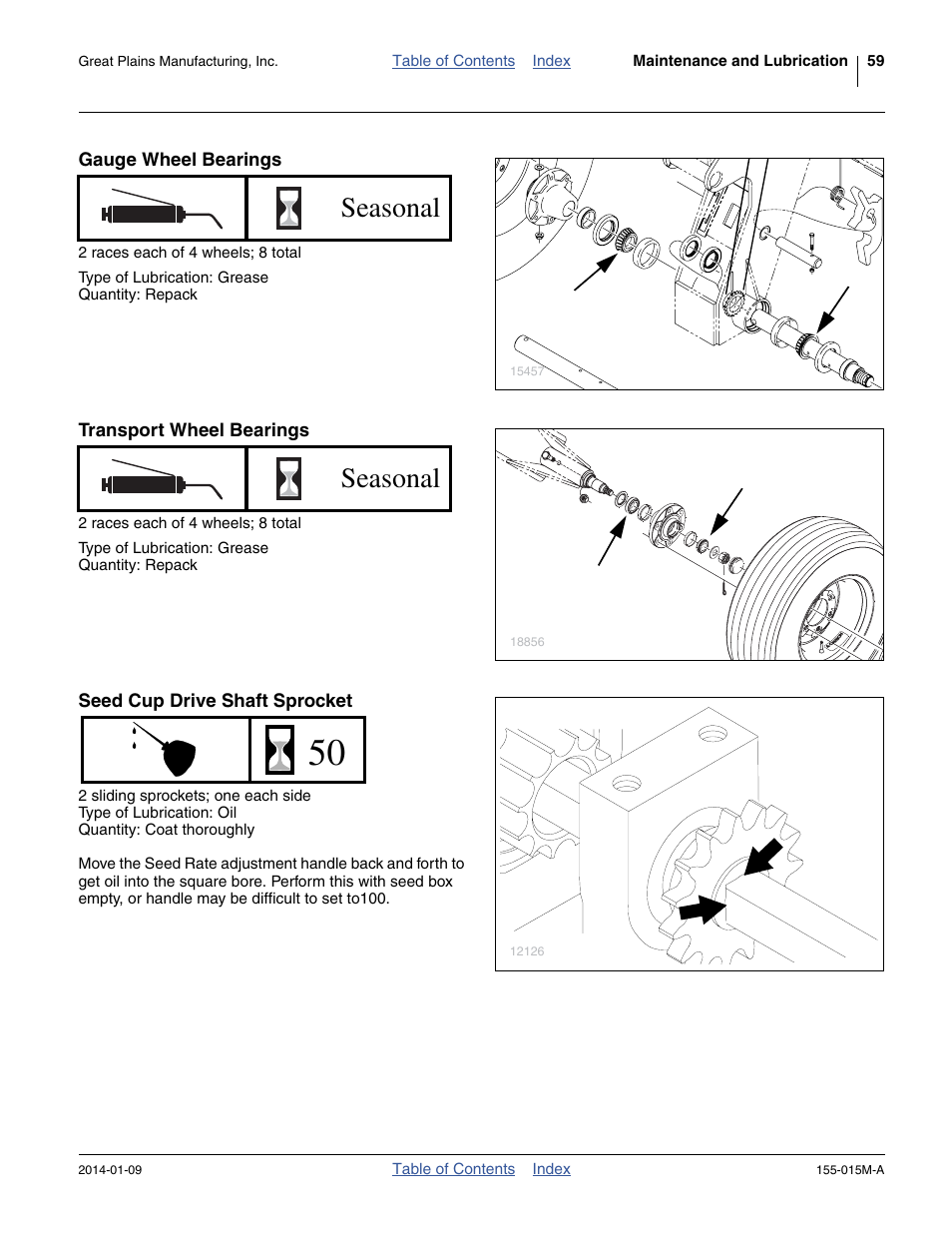 Gauge wheel bearings, Transport wheel bearings, Seed cup drive shaft sprocket | Seasonal | Great Plains 2SF30 Operator Manual User Manual | Page 63 / 90
