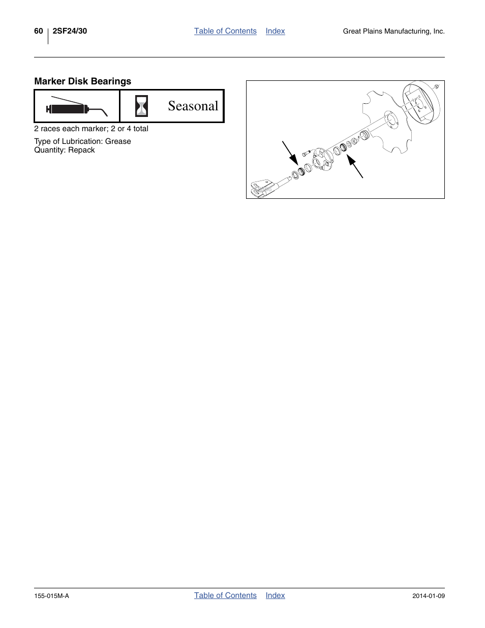 Marker disk bearings, Seasonal | Great Plains 2SF30 Operator Manual User Manual | Page 64 / 90